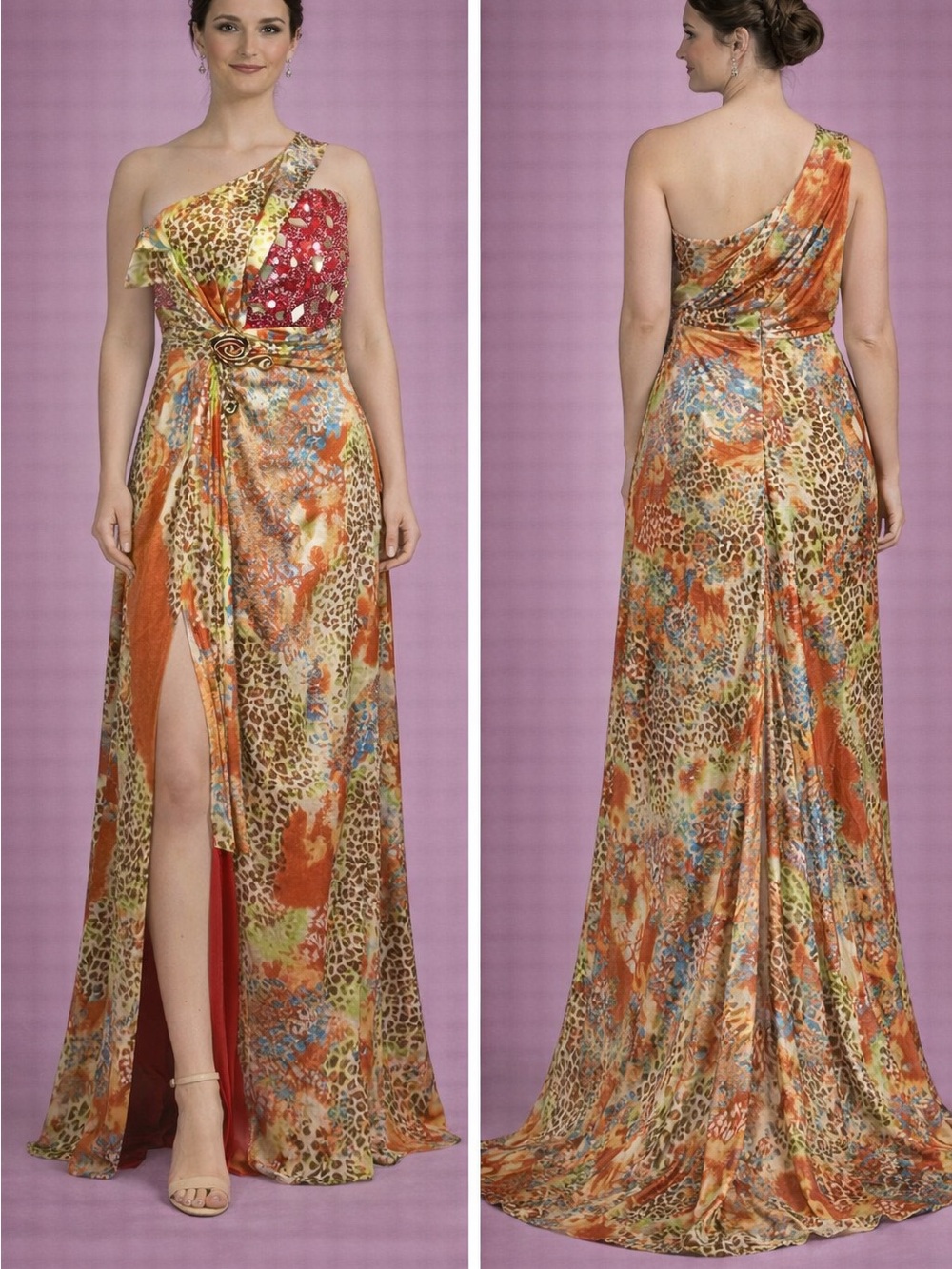 One-Shoulder Multi-Color Animal Print Evening Dress with Sequin Bodice